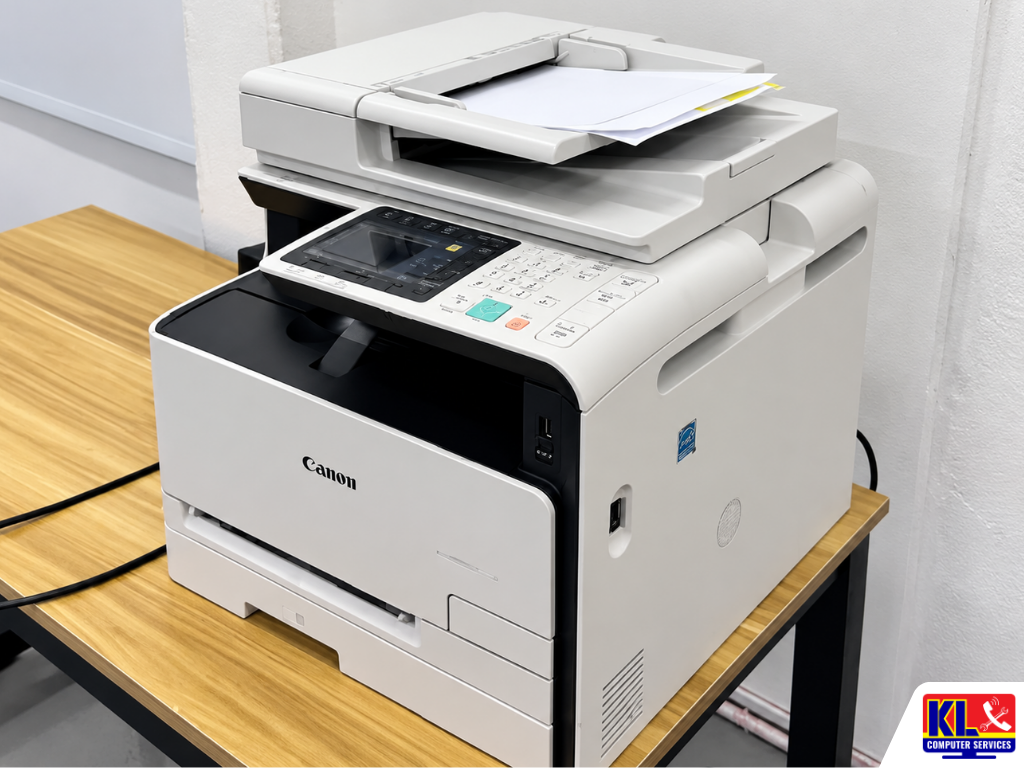 Canon multifunction laser printer with print, scan, copy, and document feeder functions placed on an office desk for business printing and document management.